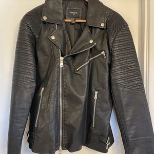 Faux Leather Quilted Sleeve Moto Jacket by XXI